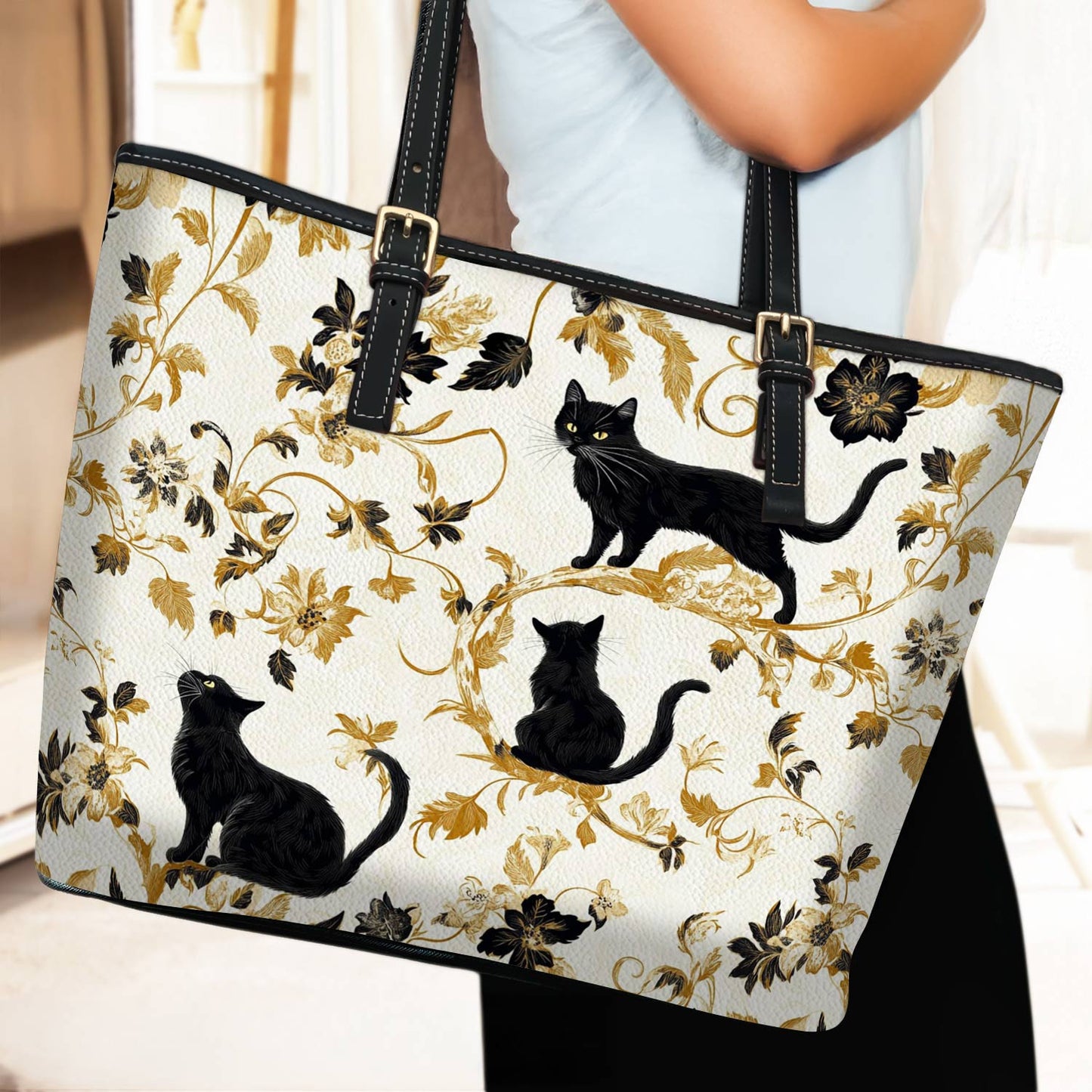 Lorva Leather Tote Bag Amazing Midnight Black Cats