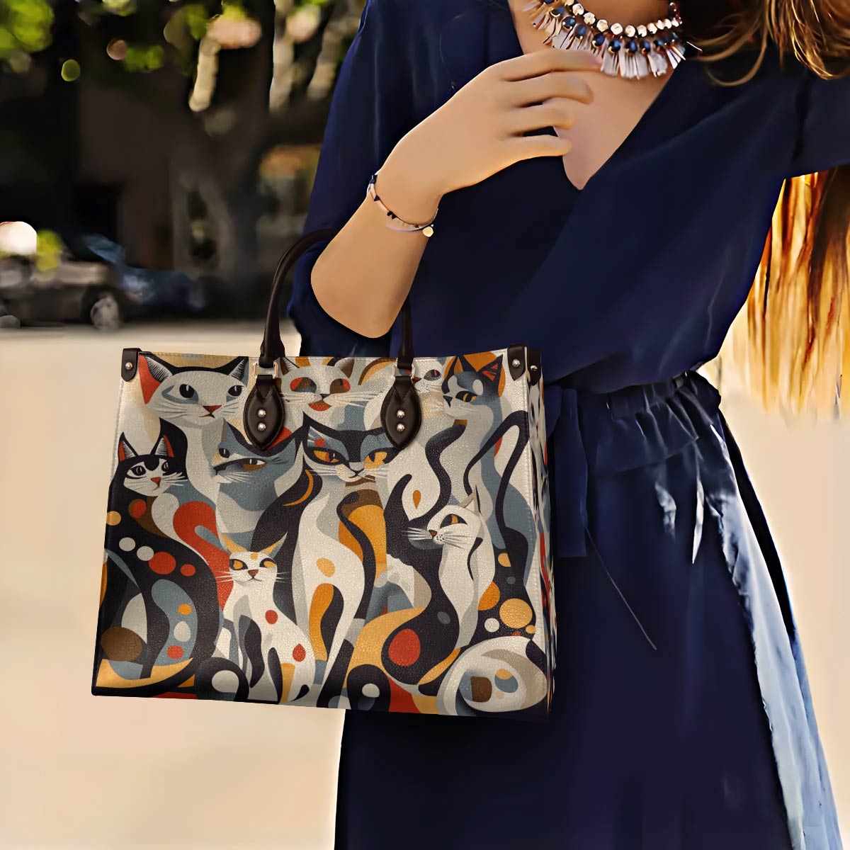 Lorva Cat Leather Bag Whimsical Geometric