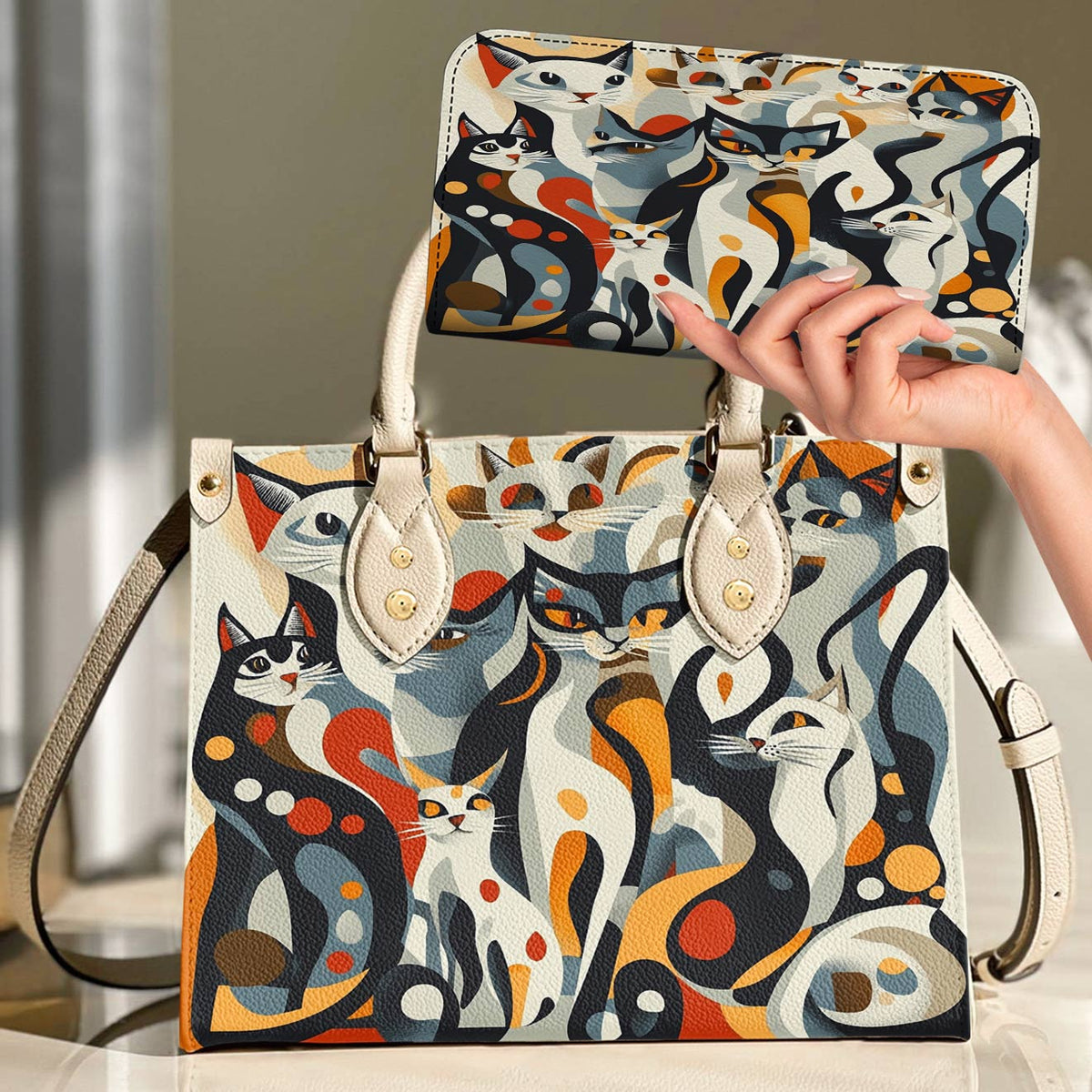 Lorva Cat Leather Bag Whimsical Geometric