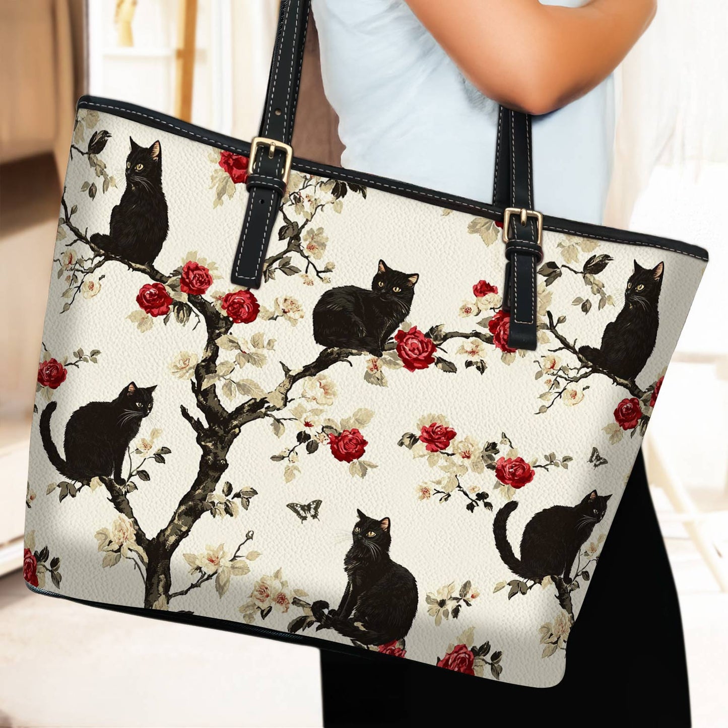 Lorva Black Cat Leather Tote Bag Roses Love