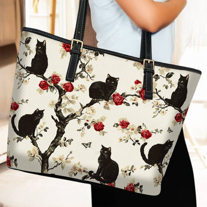 Lorva Black Cat Leather Tote Bag Roses Love
