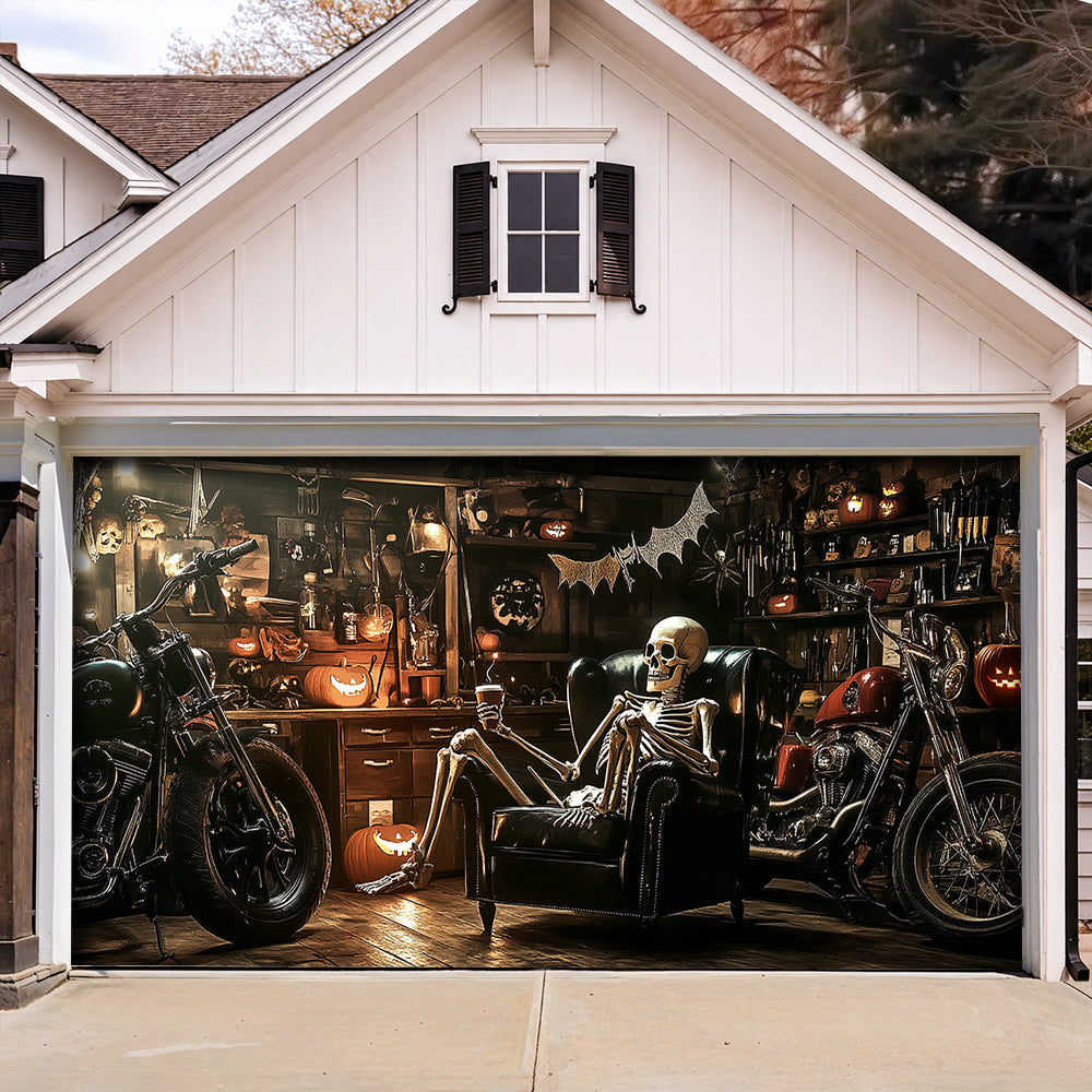 Lorva Halloween Garage Door Banner Decoration Spooky Skeleton Motorcycle Garage