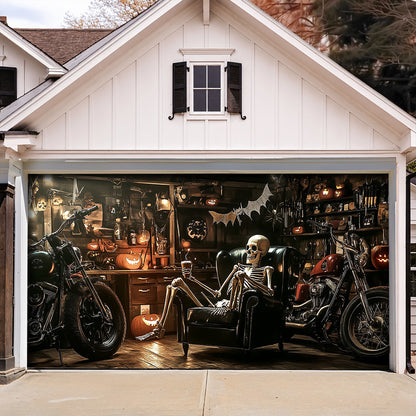 Lorva Halloween Garage Door Banner Decoration Spooky Skeleton Motorcycle Garage