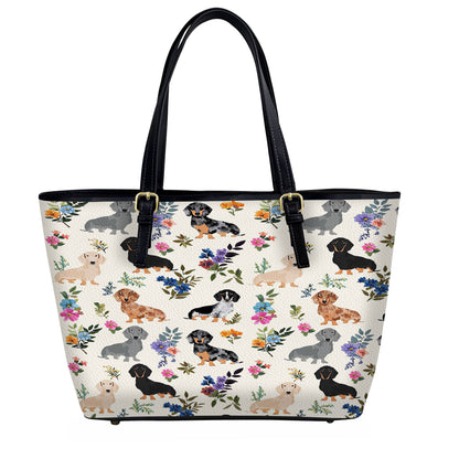 Lorva Leather Tote Bag Charming Floral Dachshunds