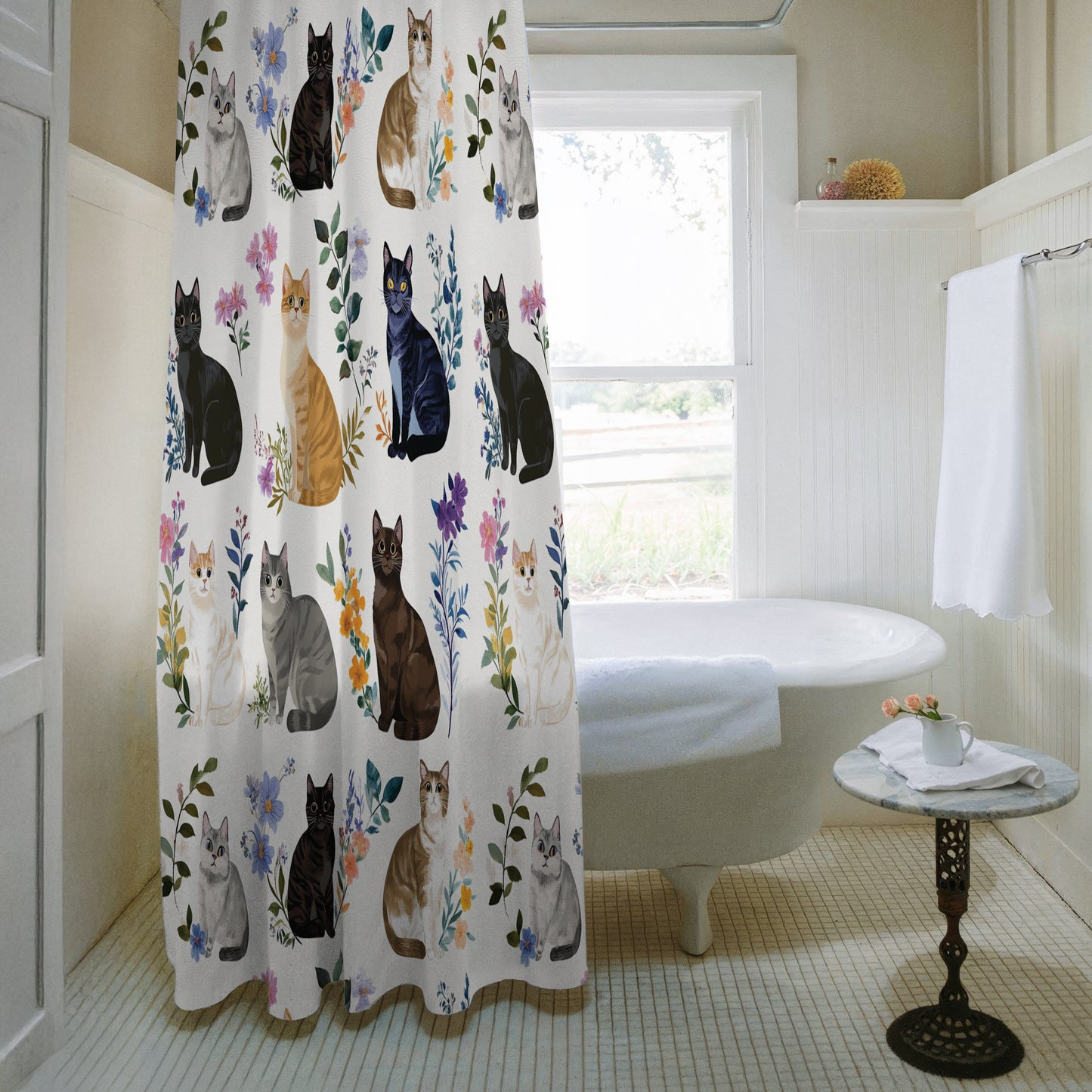 Lorva Shower Curtain Charming Floral Cats