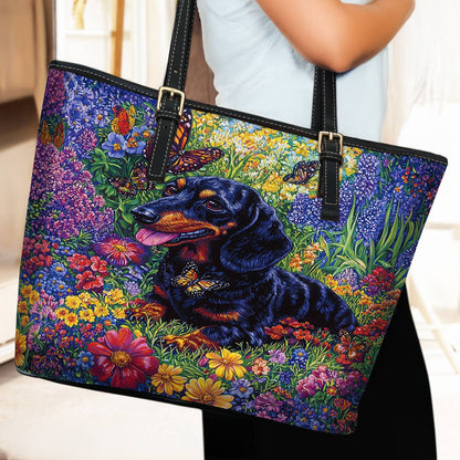 Lorva Leather Tote Bag Garden Dachshund Delight