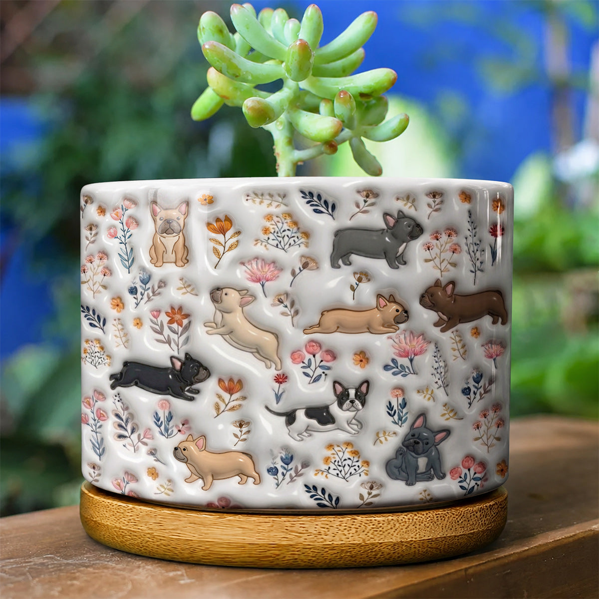 Lorva French Bulldog Flat Print Ceramic Plant Pot Happy Field Flowers
