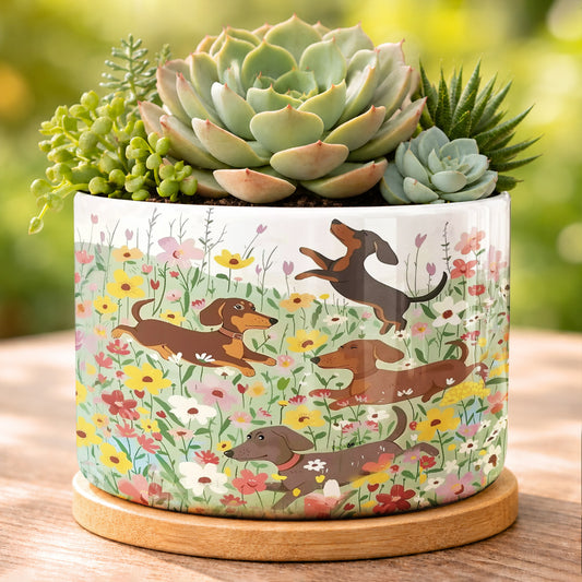 Lorva Dachshund Ceramic Plant Pot Happy Dachshunds In Flower Garden