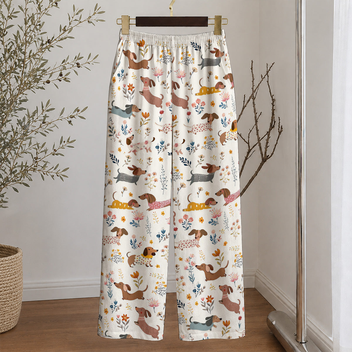 Lorva Dachshund Lounge Pants Happy Field Flowers