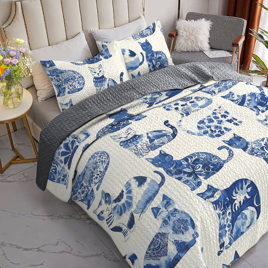 Lorva All Season Quilt 3-Piece Set Cat Cerulean Catscape