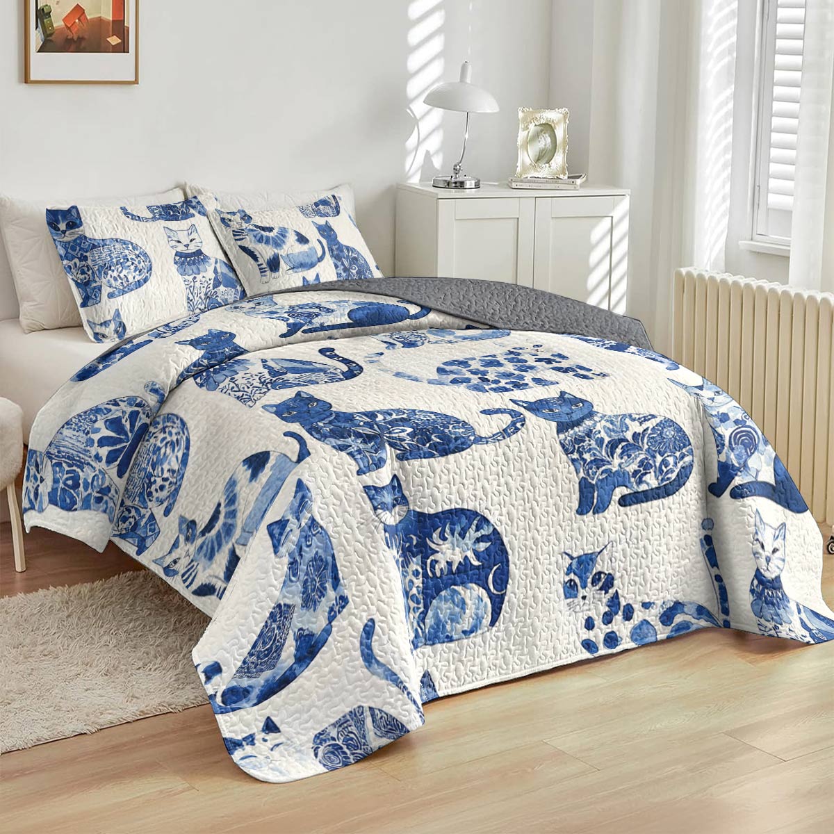 Lorva All Season Quilt 3-Piece Set Cat Cerulean Catscape