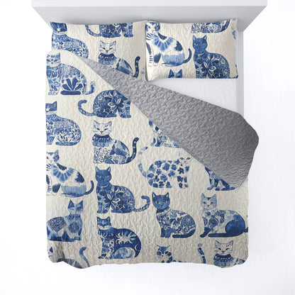 Lorva All Season Quilt 3-Piece Set Cat Cerulean Catscape