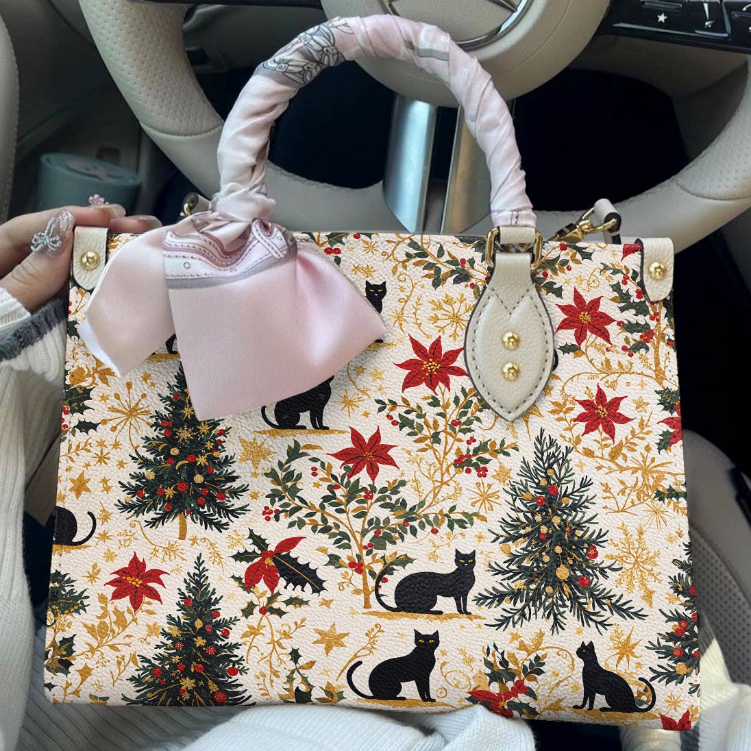 Lorva Leather Bag Gentle Black Christmas Cat