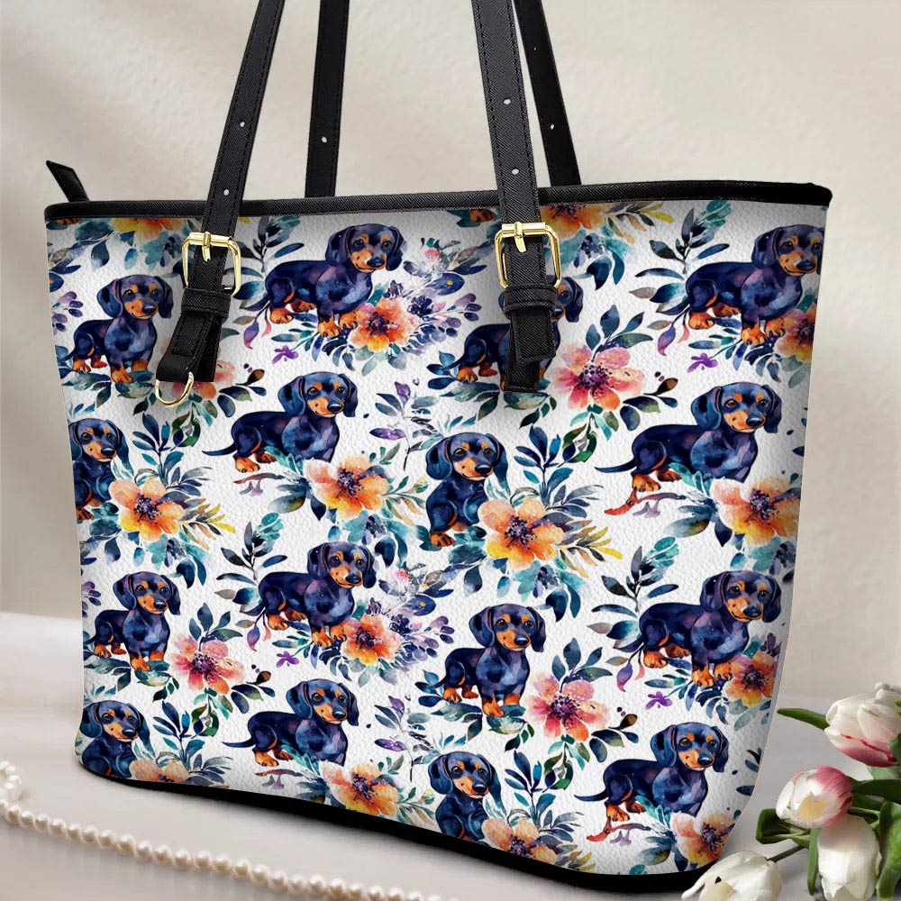 Lorva Leather Tote Bag Dachshund Blooms