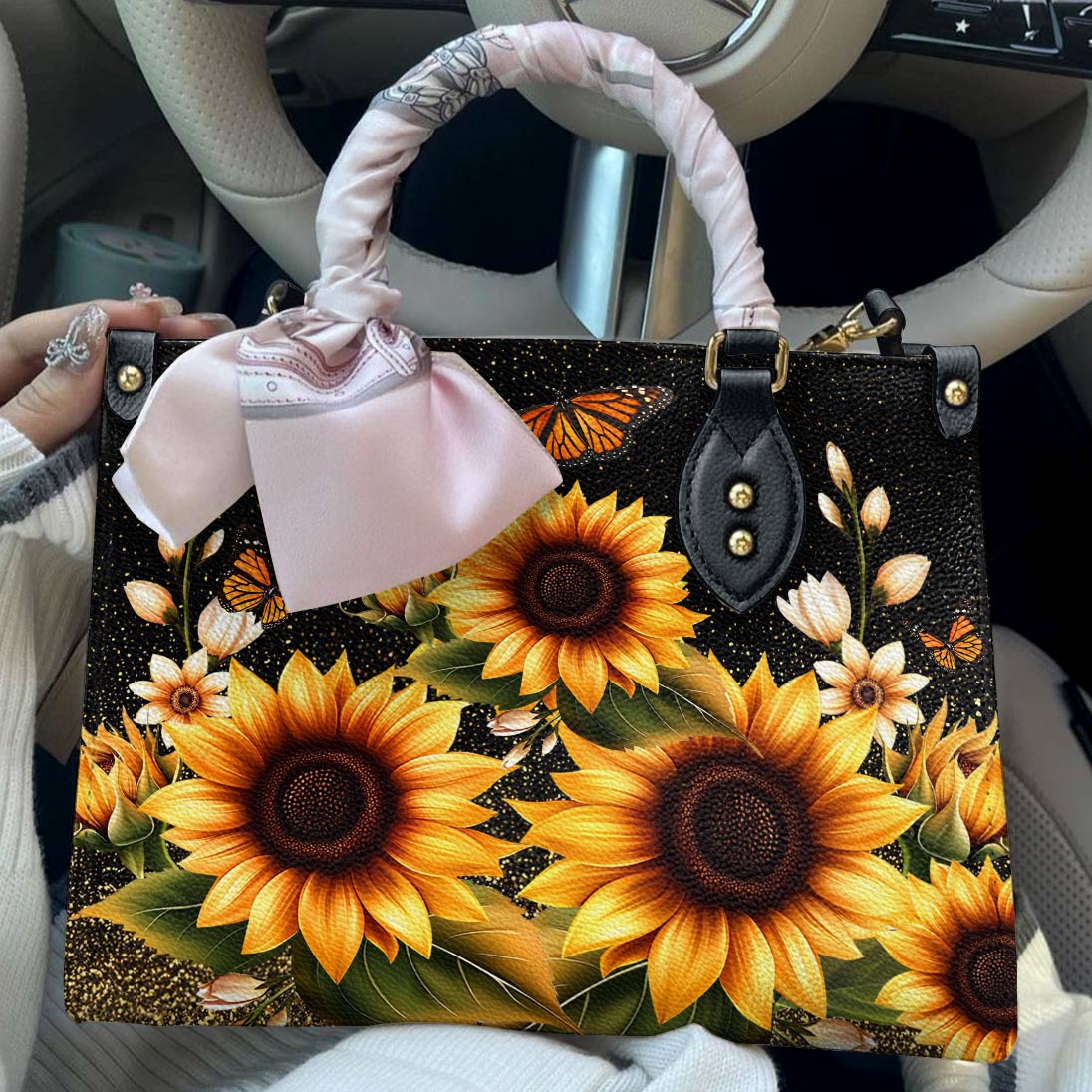 Lorva Leather Bag Golden Sunflower with Monarch Charm