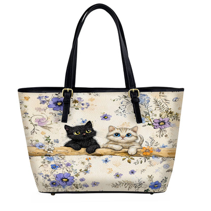 Lorva Leather Tote Bag Cute Blossom Kittens