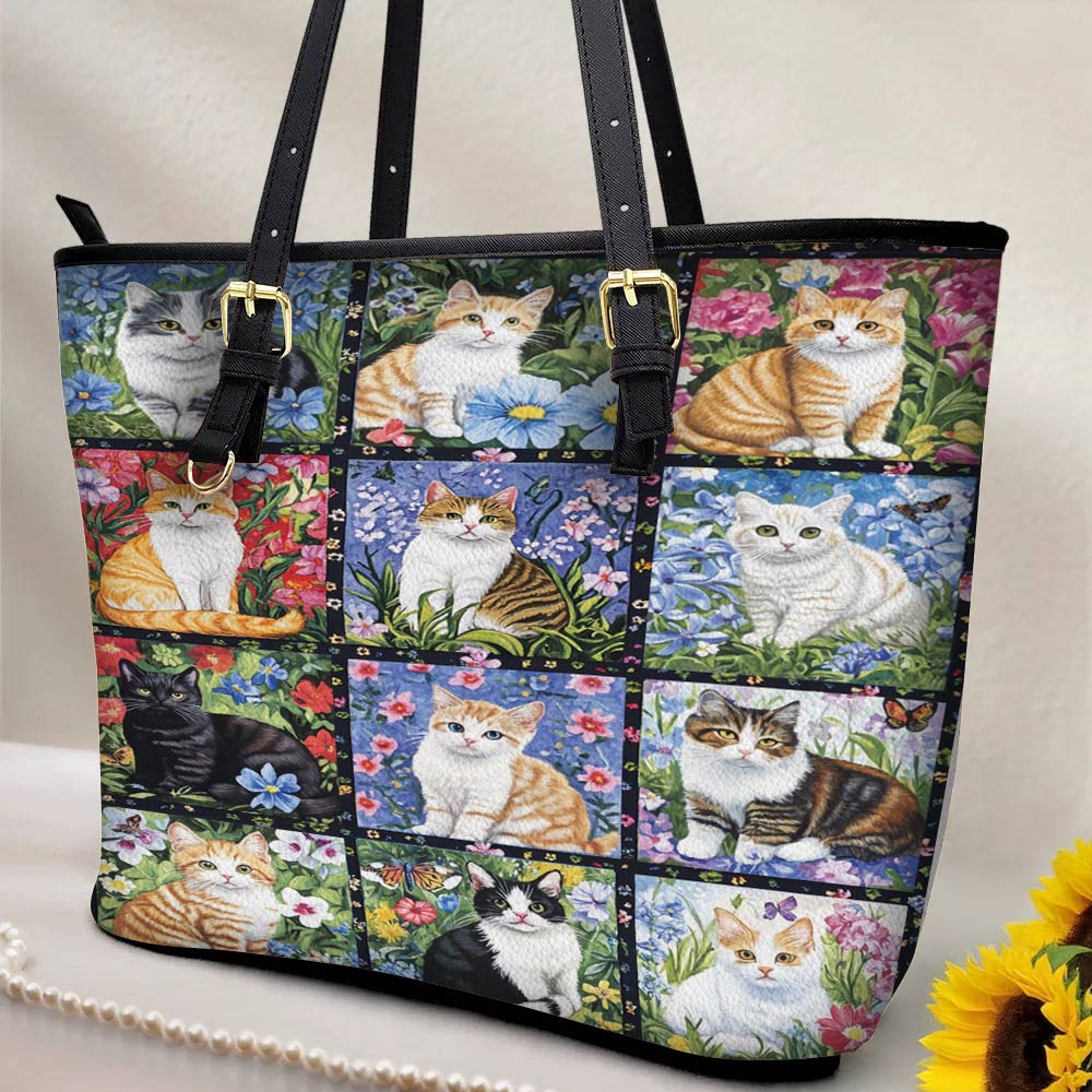 Lorva Leather Tote Bag Garden Story Cats