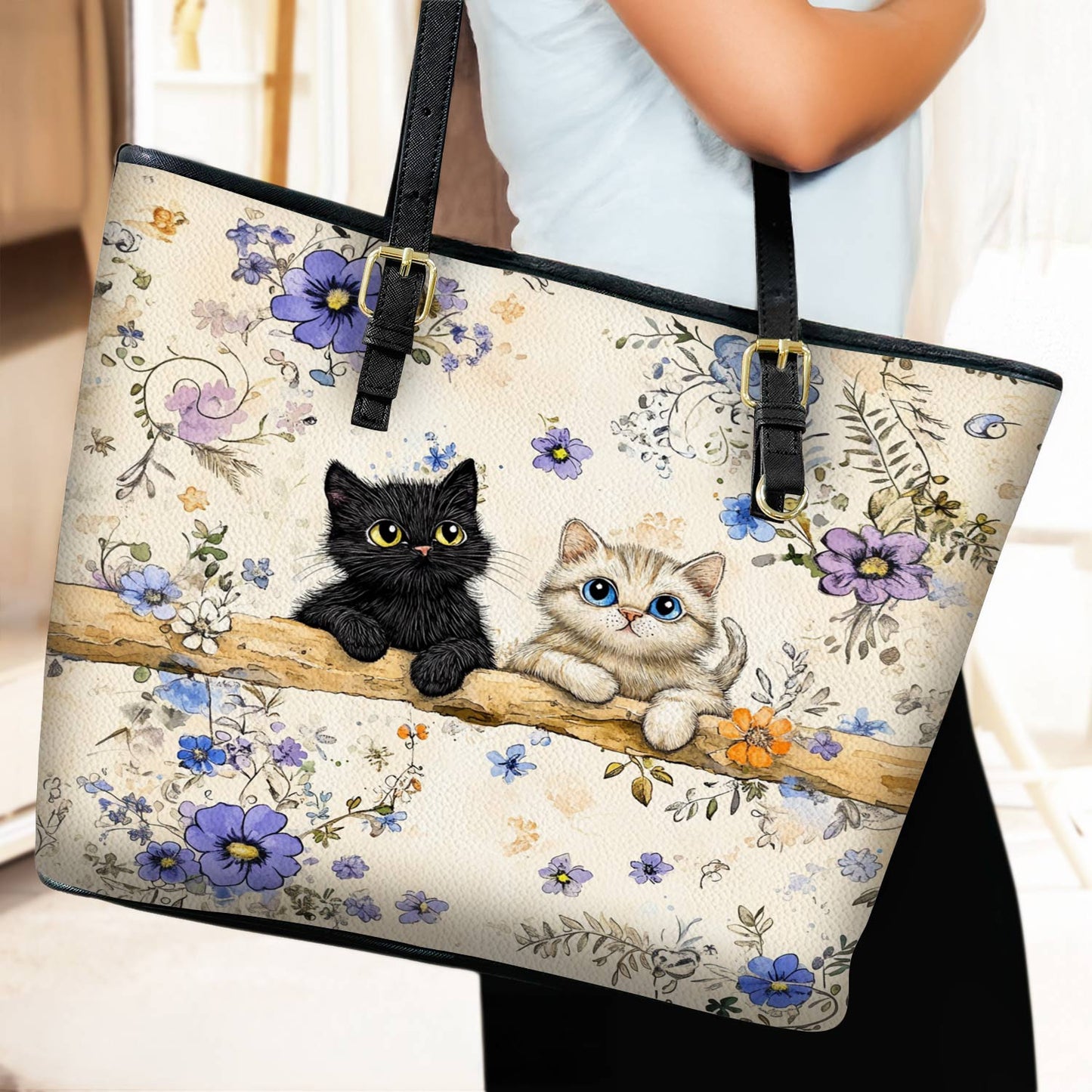 Lorva Leather Tote Bag Cute Blossom Kittens