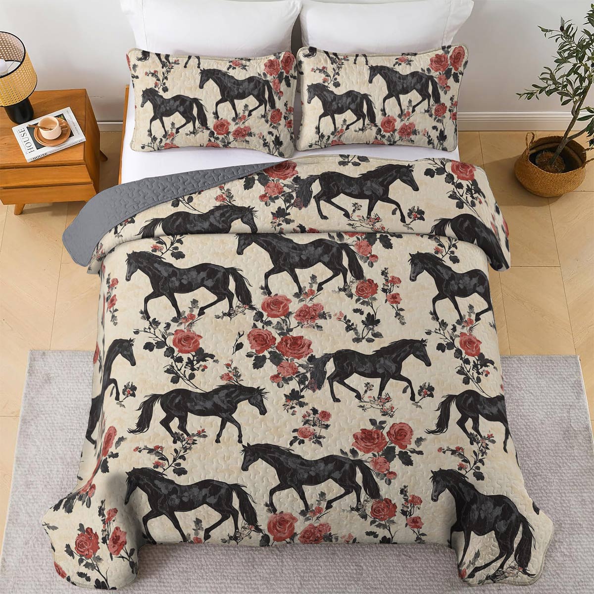 Lorva Horse All Season Quilt 3-Piece Set Enchanted Rose