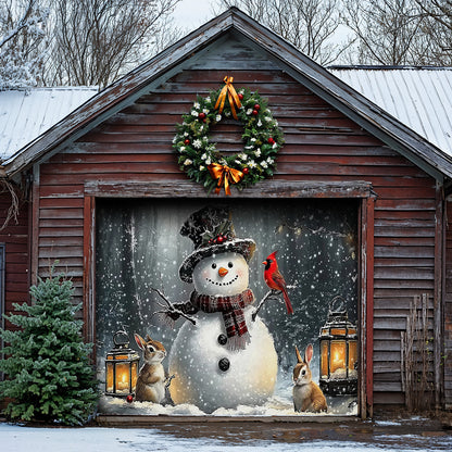 Lorva Garage Door Banner Decoration Winter Forest Snowman Gathering with Bunnies and Cardinals