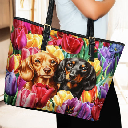 Lorva Dachshund Leather Tote Bag Tulip Garden