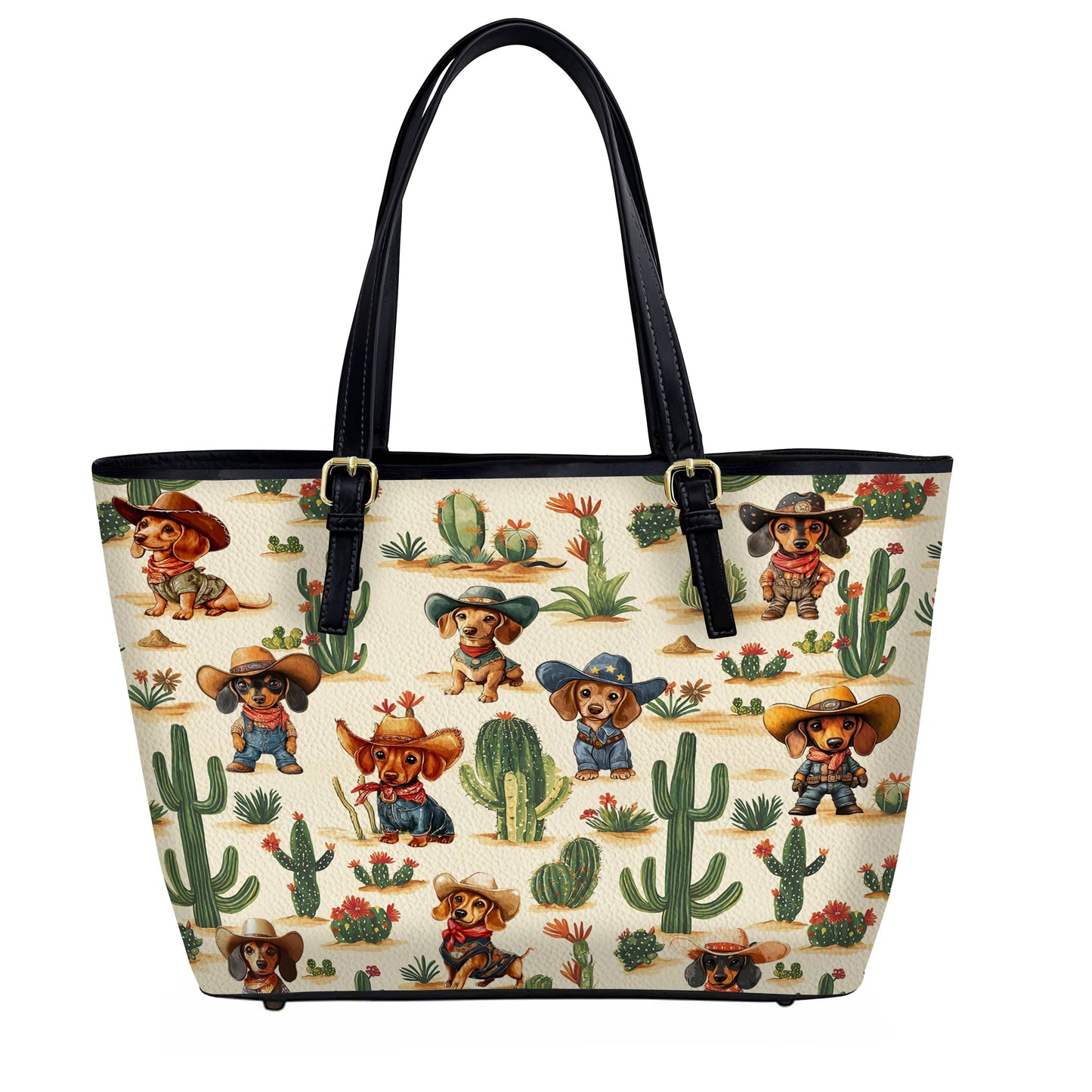 Lorva Dachshund Leather Tote Bag Cowboy Cactus Crew