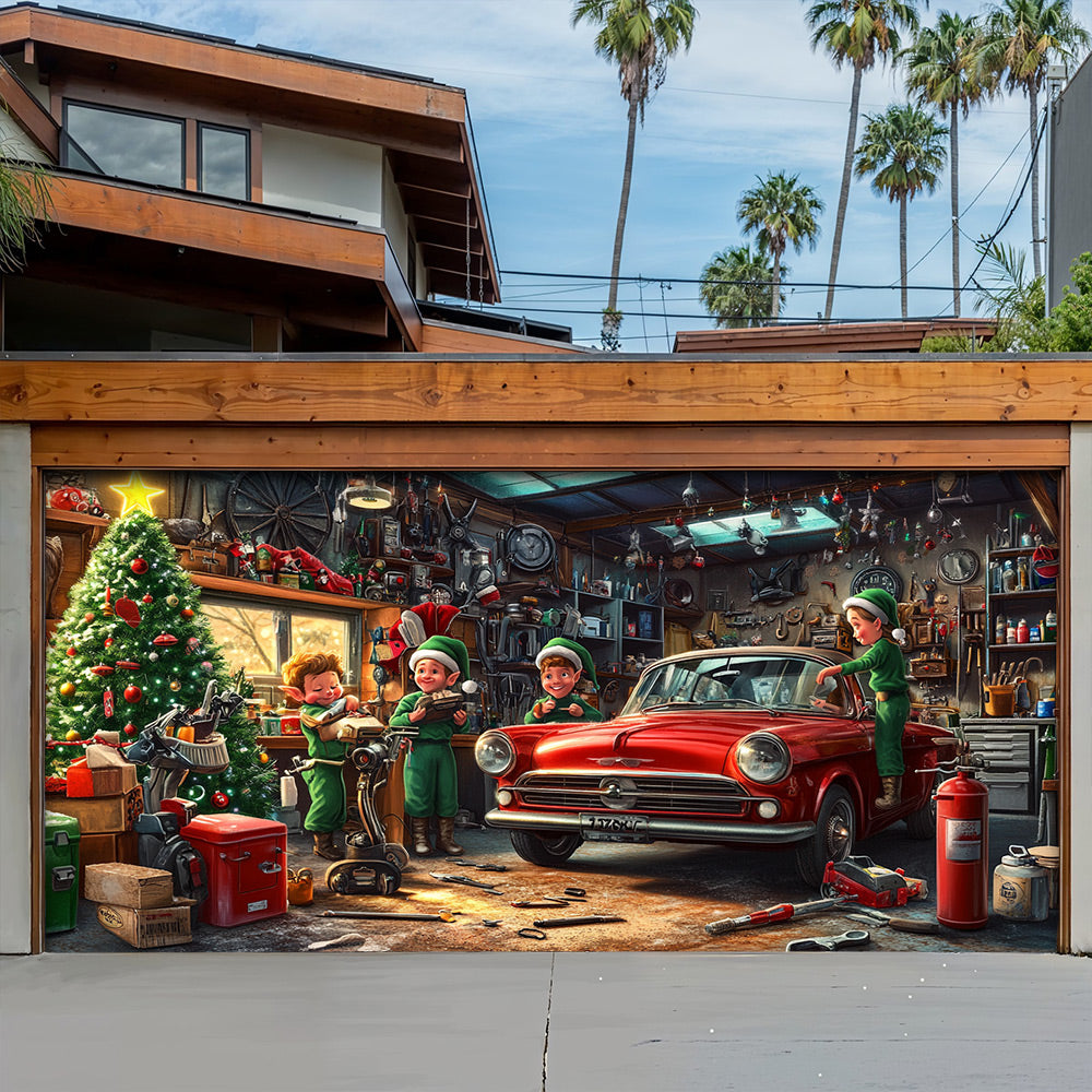 Lorva Garage Door Banner Decoration Christmas Elves Garage Workshop