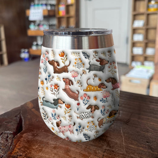 Lorva Dachshund Wine Tumbler Happy Field Flowers