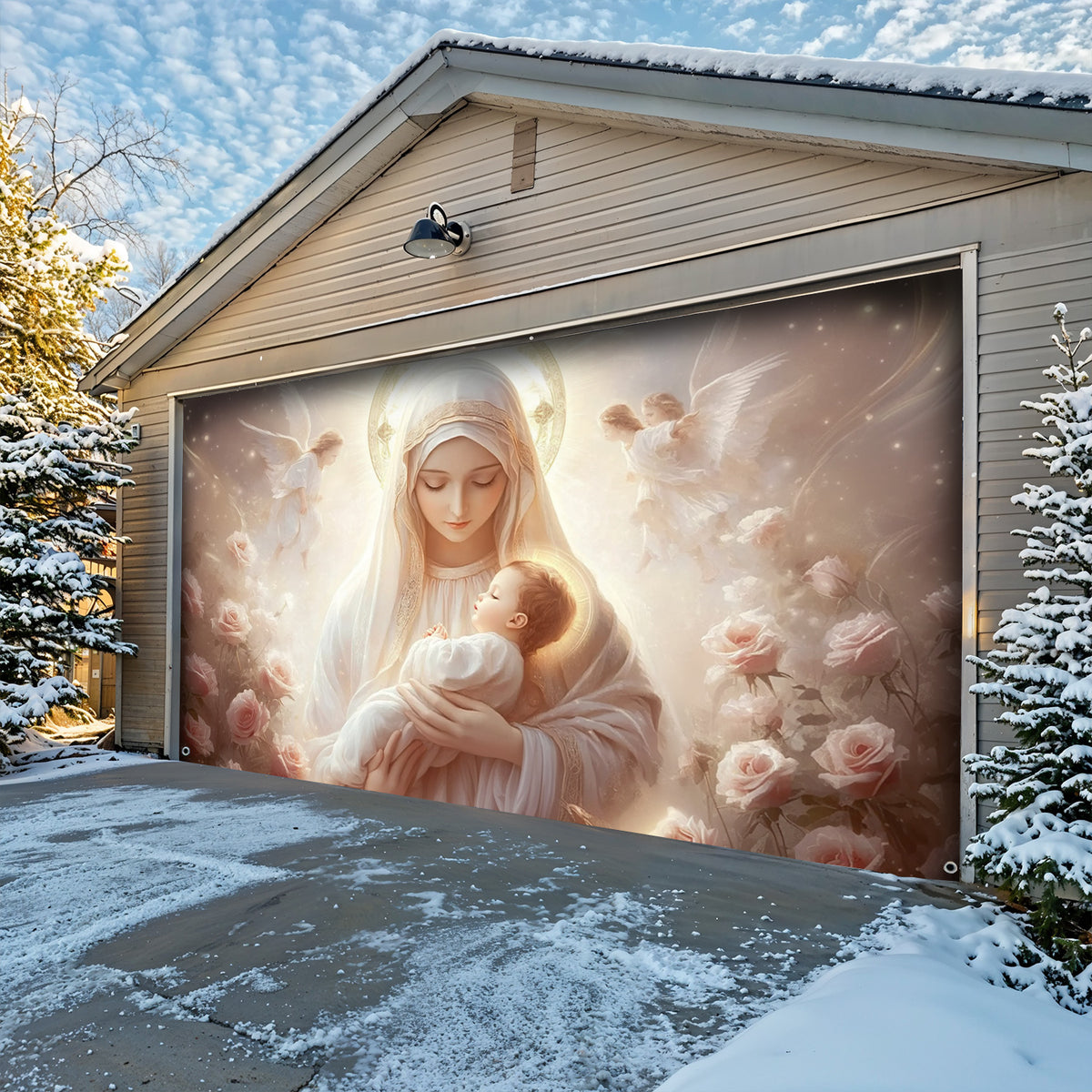 Lorva Christmas Garage Door Banner Decoration Holy Embrace