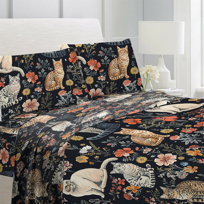 Lorva 4-Piece Bed Sheet Set Vintage Floral Cats