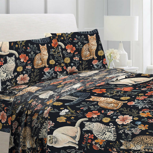 Lorva 4-Piece Bed Sheet Set Vintage Floral Cats