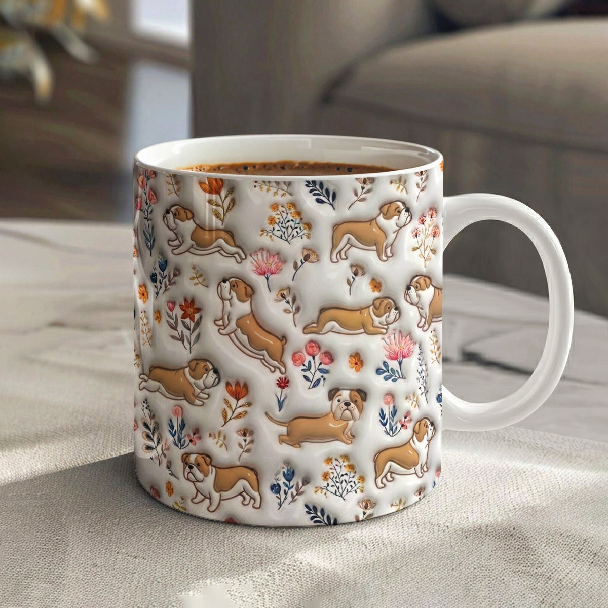 Lorva English Bulldog Flat Print Mug Happy Field Flowers