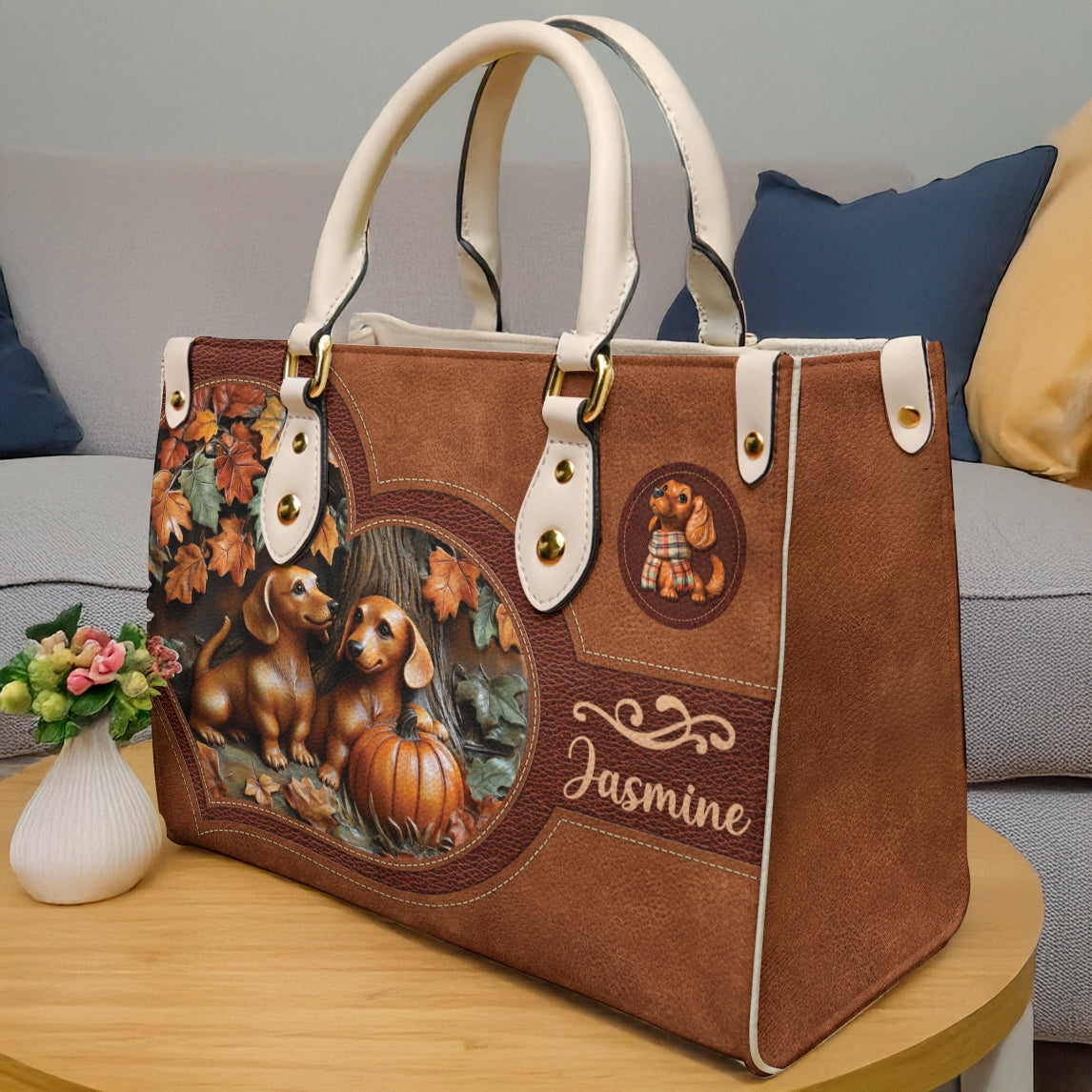 Lorva Personalized Dachshund Leather Bag Fall In Love