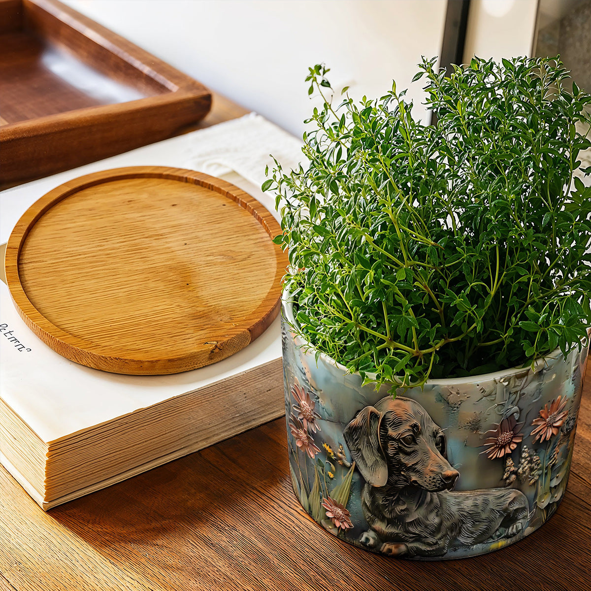 Lorva Dachshund Flat Print Ceramic Plant Pot Rustic Dachshund Garden