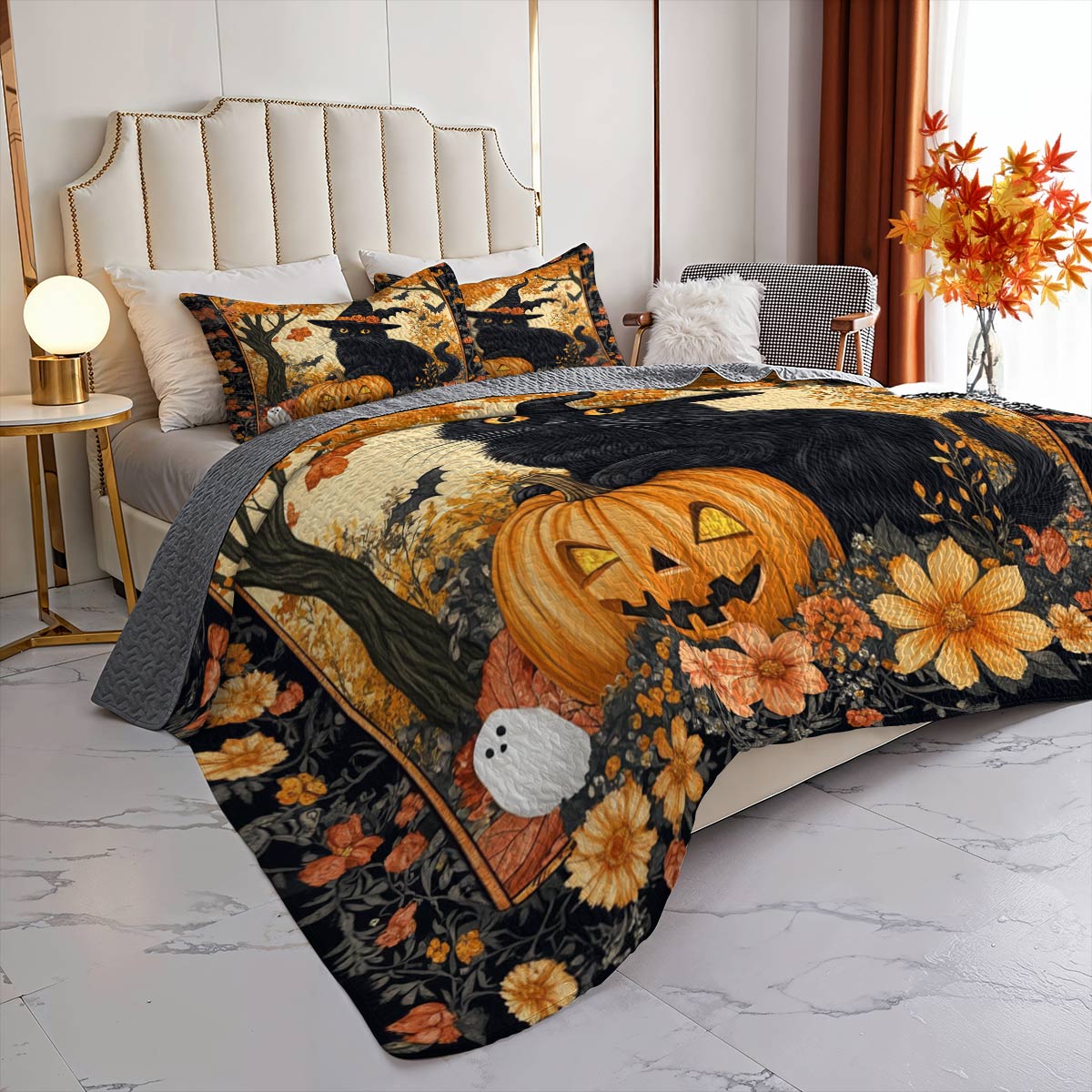 Halloween Lorva All Season Quilt 3-Piece Set Black Cat’s Autumn Magic