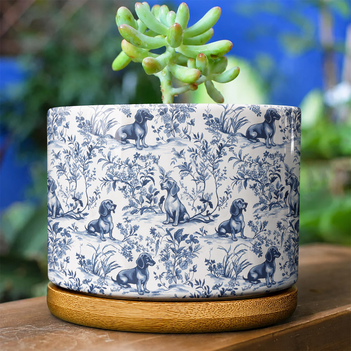 Lorva Dachshund Flat Print Ceramic Plant Pot Blue Floral