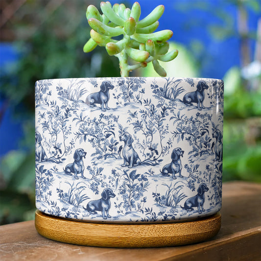 Lorva Dachshund Flat Print Ceramic Plant Pot Blue Floral