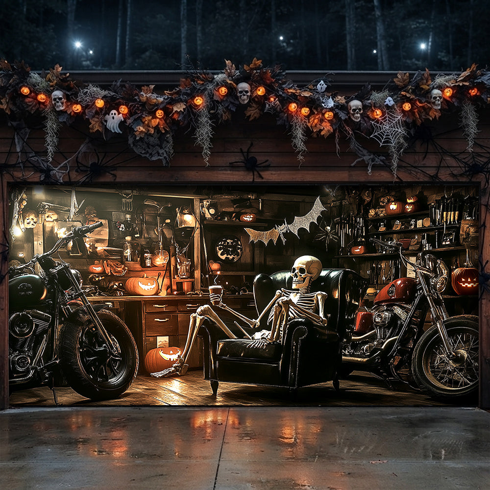 Lorva Halloween Garage Door Banner Decoration Spooky Skeleton Motorcycle Garage