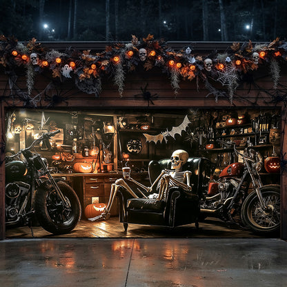 Lorva Halloween Garage Door Banner Decoration Spooky Skeleton Motorcycle Garage