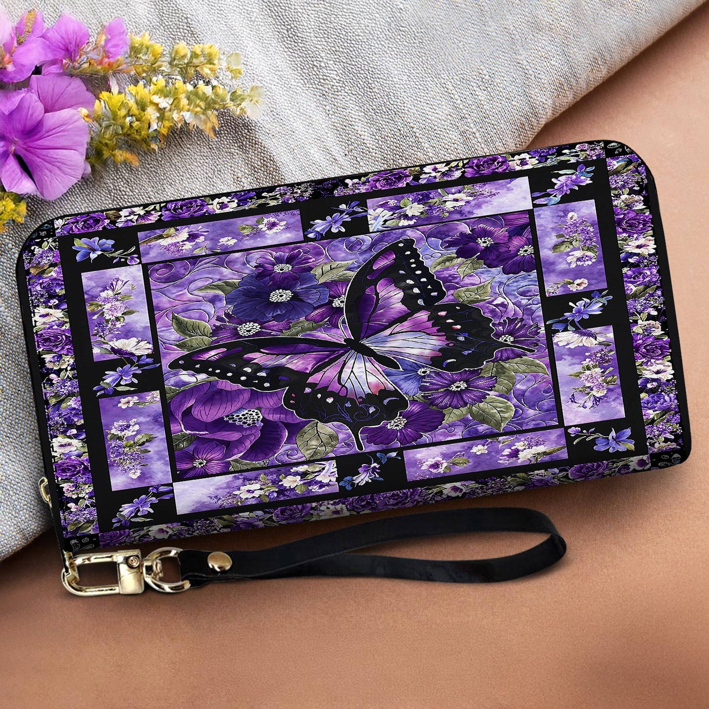 Lorva Leather Wallet Gorgeous Purple Butterfly Flowers