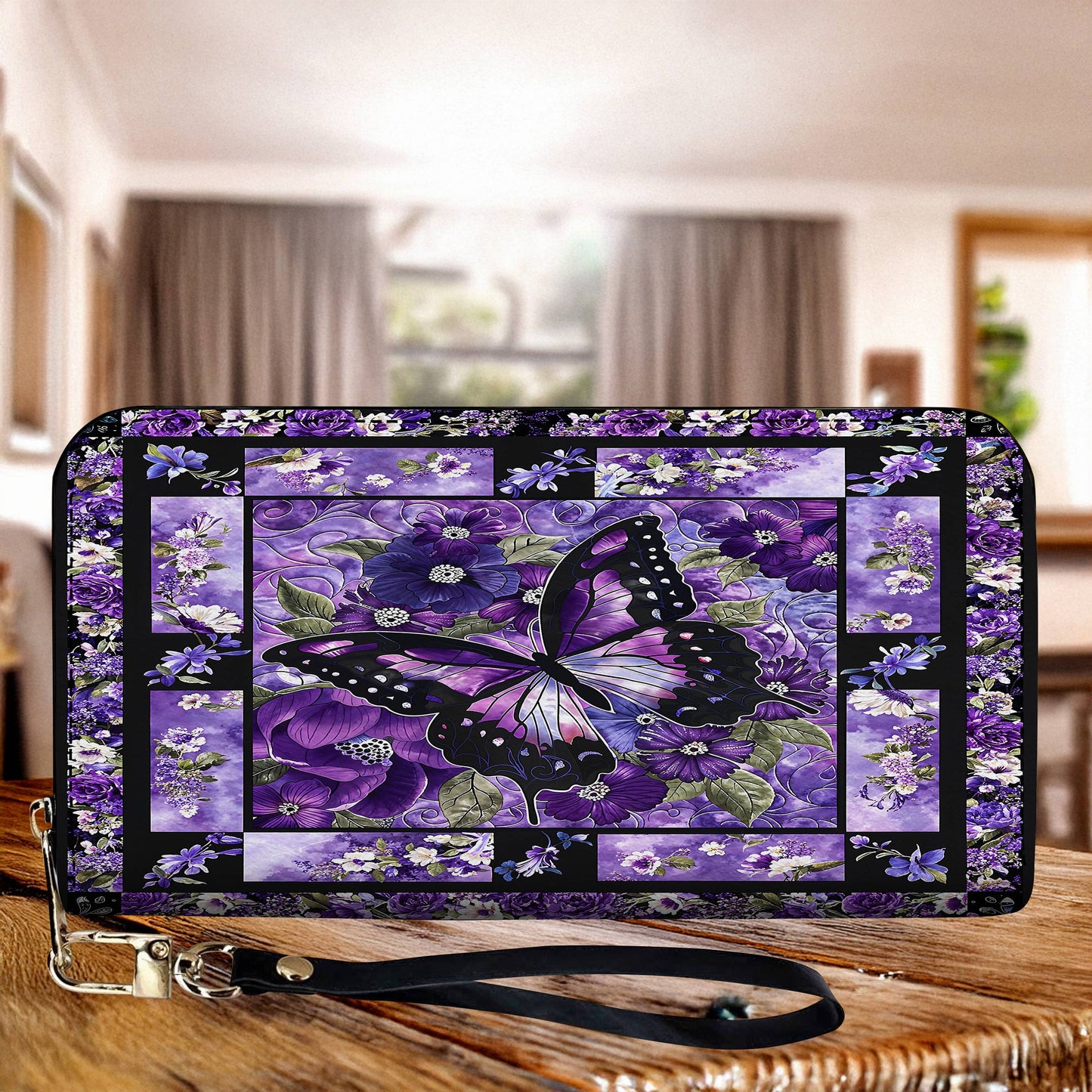 Lorva Leather Wallet Gorgeous Purple Butterfly Flowers