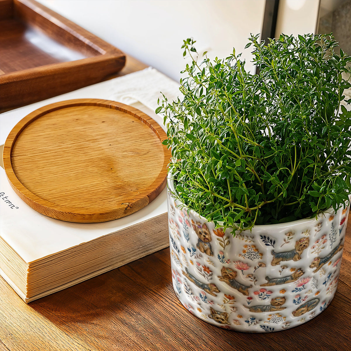 Lorva Yorkie Flat Print Ceramic Plant Pot Happy Field Flowers