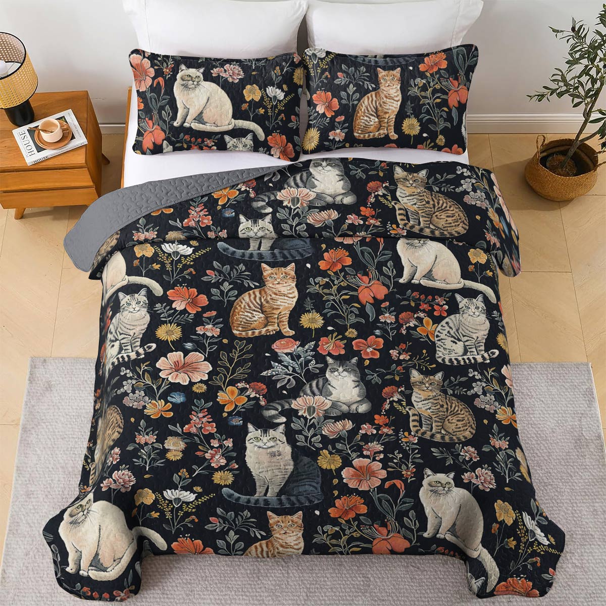 Lorva Cat All Season Quilt 3-Piece Set Vintage Floral Cats