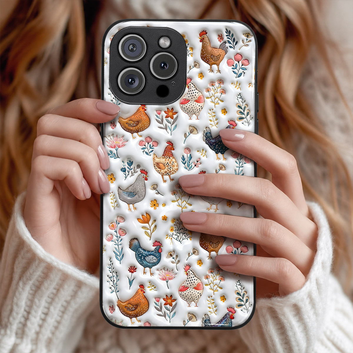 Lorva Happy Chicken in Flower Field Phone Case – Flat Printed Design
