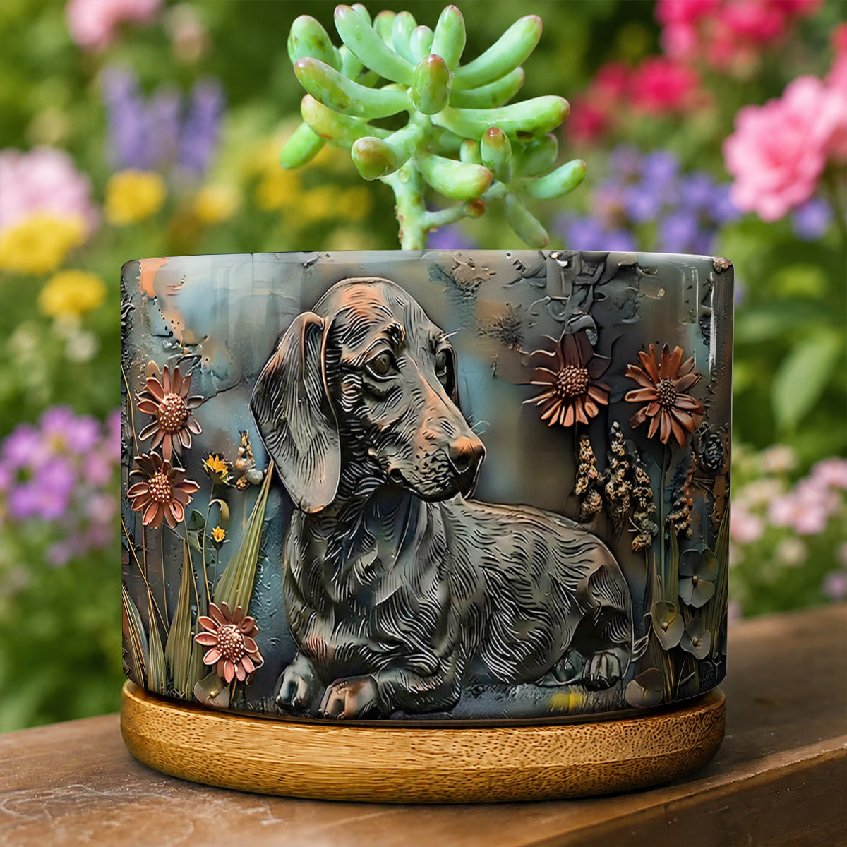 Lorva Dachshund Flat Print Ceramic Plant Pot Rustic Dachshund Garden