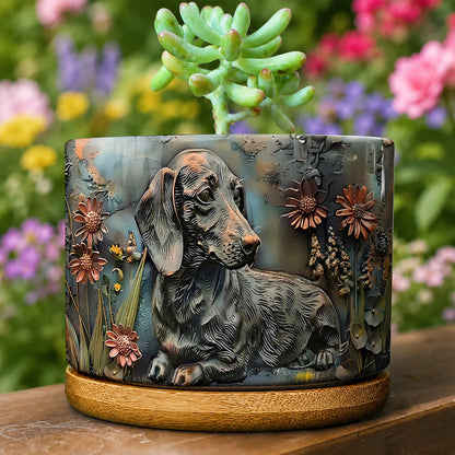 Lorva Dachshund Flat Print Ceramic Plant Pot Rustic Dachshund Garden