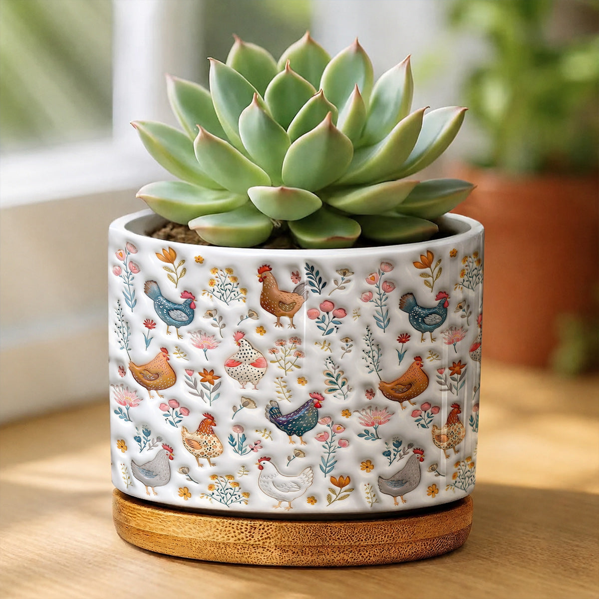 Lorva Chicken Flat Print Ceramic Plant Pot Happy Field Flowers