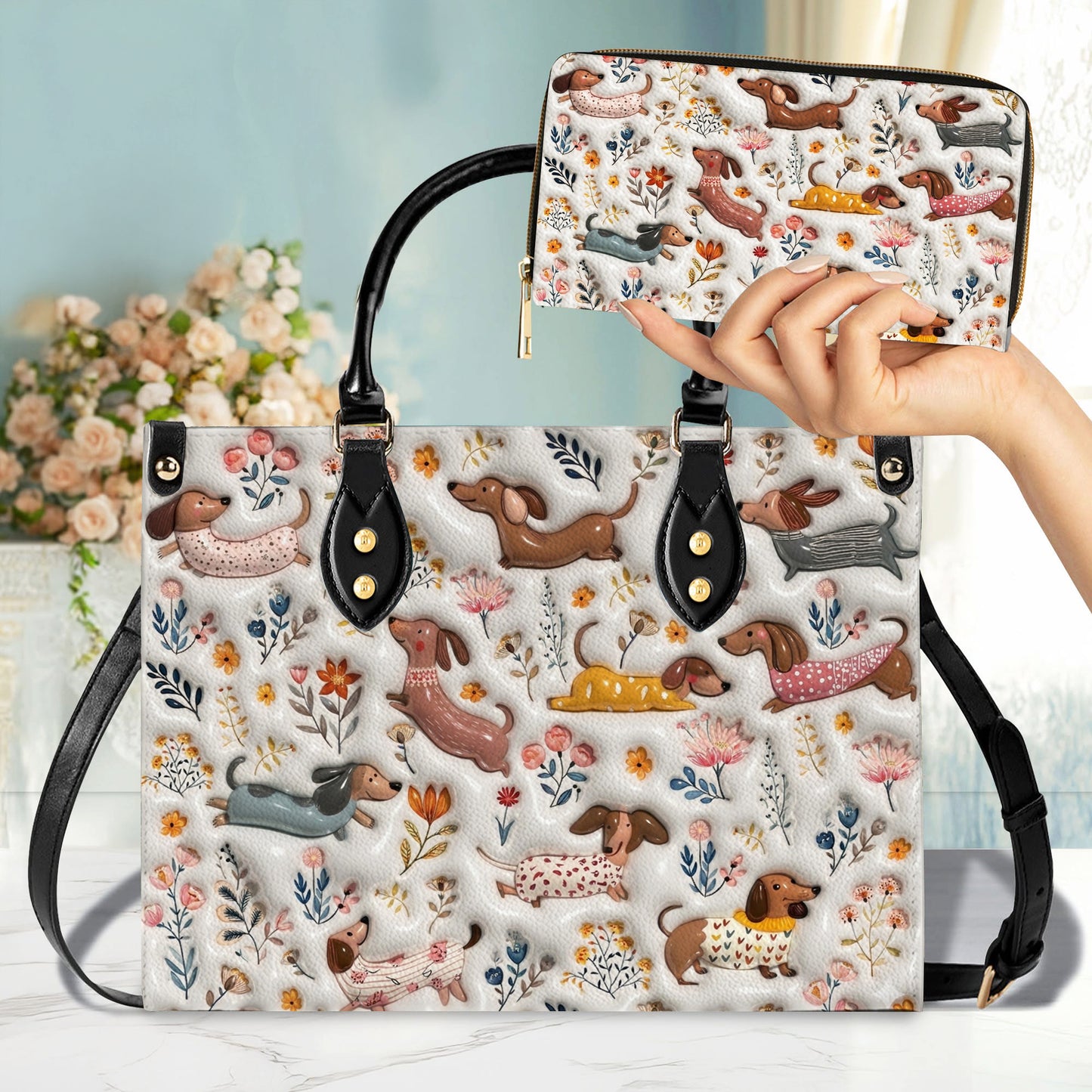 Lorva Dachshund Leather Bag Happy Field Flowers