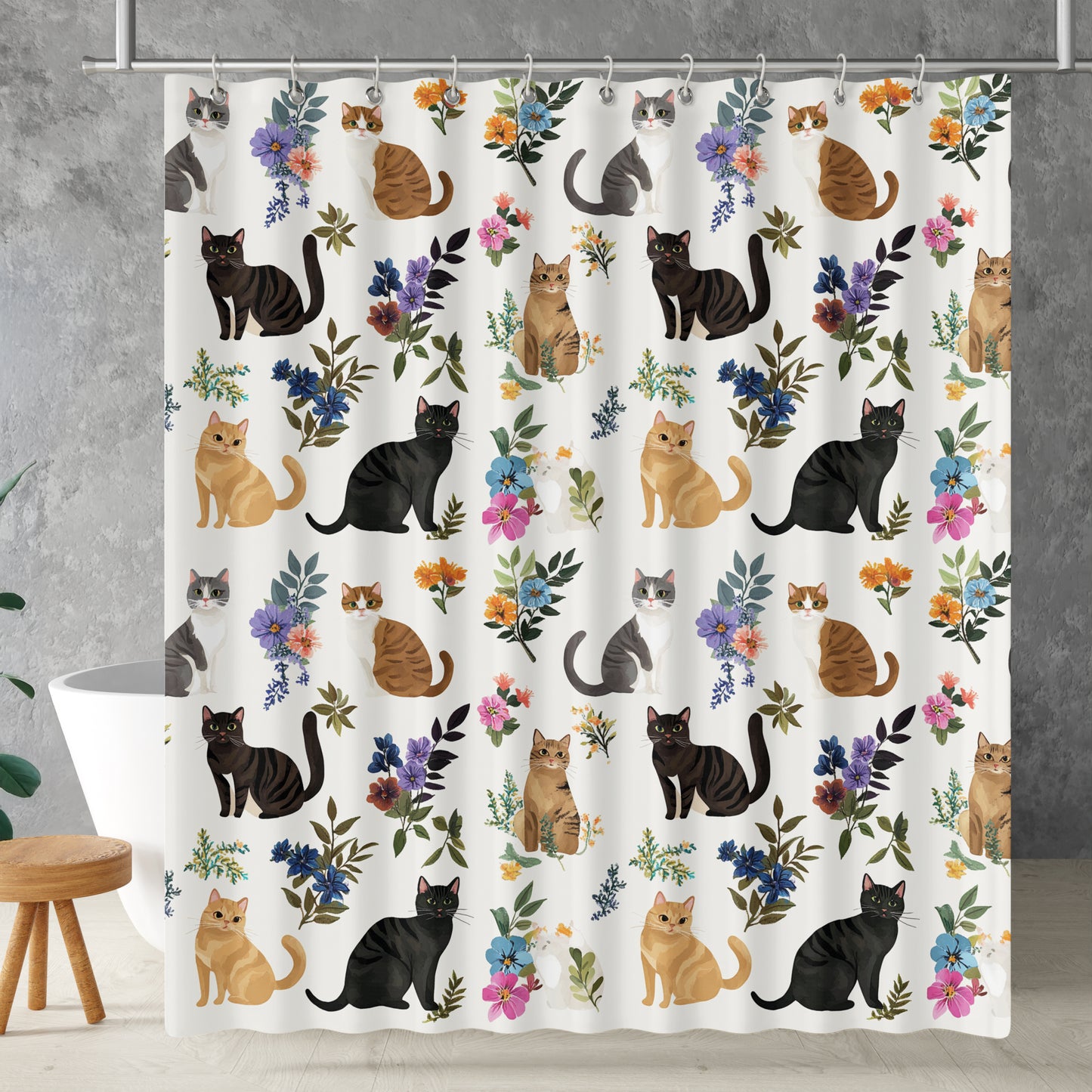 Lorva Shower Curtain Cute Floral Cats