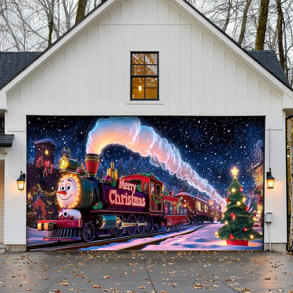 Lorva Christmas Garage Door Banner Decoration Cute Snowman’s Train Express